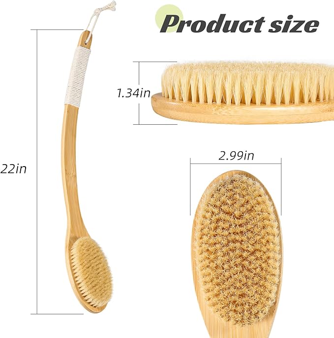 Bath Body Brush Shower, 22" Super Long Curved Bamboo Handle Antiskid Back Body Scrubber Wet/Dry Brushing, Moderately Soft Natural Bristle Body Brush for Showering