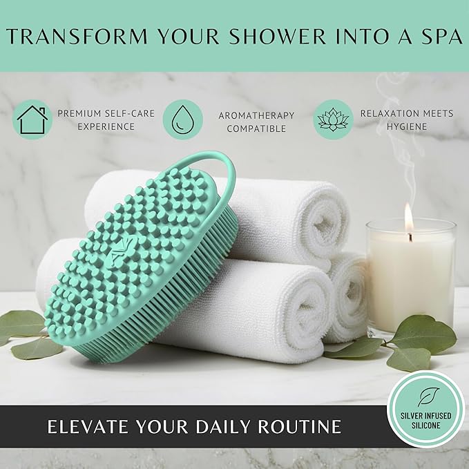 Silver Infused Silicone Body Scrubber Shower - Gentle Back Scrubber Soft Bristles - Avilana Premium Dual Sided Bath Brush Massage - Advanced Material Loofah Alternative - Gift Women Men