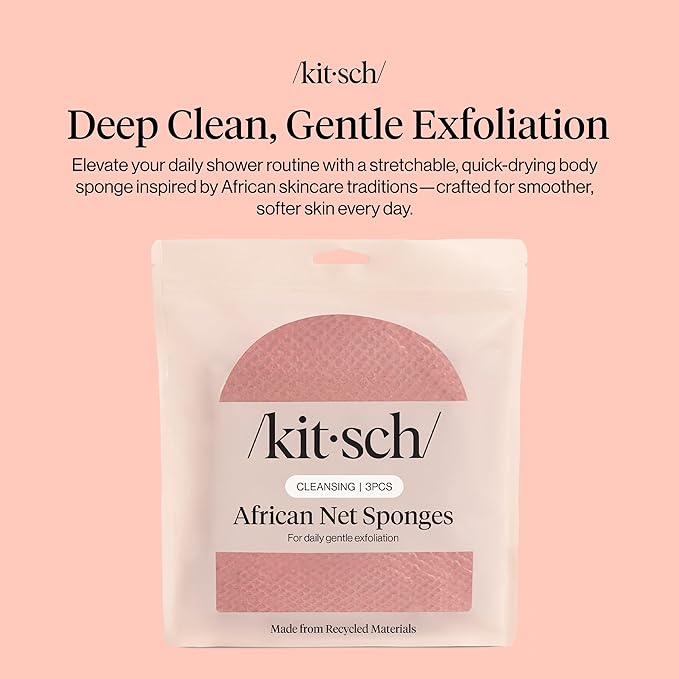 Kitsch African Net Sponge – Exfoliating Body Scrubber for Cleansing & Gentle Daily Exfoliation – Stretchable Bath Sponge for Hard-to-Reach Areas, Long-Lasting Shower Essential - Berry Pink, 3 Pcs