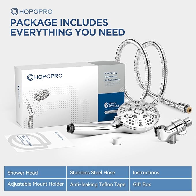 6-Mode High Pressure Handheld Shower Head Set, Consumer Reports Recommended HOPOPRO High Flow Hand Held Showerhead with 59 Inch Hose Bracket Teflon Tape Rubber Washers