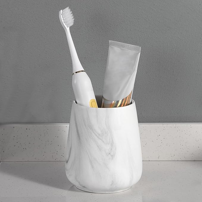Marble White Toothbrush Holder for Bathroom - Ceramic Tooth Brushing Holders, Toothbrush Cup, Toothpaste Organizer for Bathroom Countertop, Makeup Brush Holder, Pen Holder for Home Desktop Storage