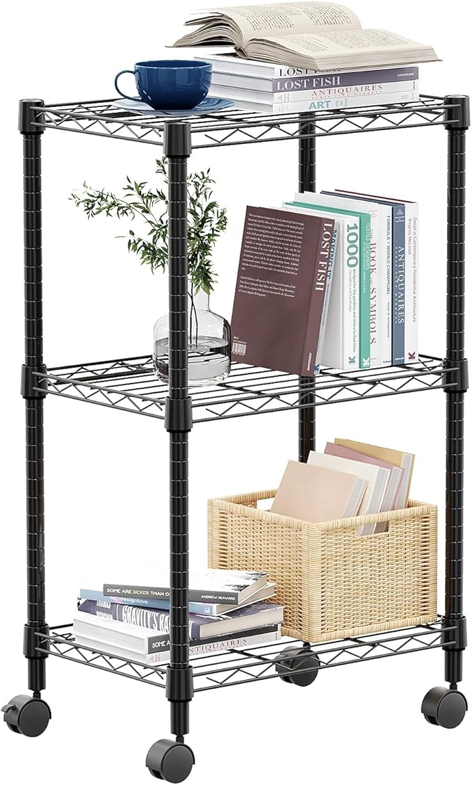 3 Tier Shelf Metal Storage Shelves Wire Rack Closet Organizers with Wheel for Garage Kitchen Bathroom Laundry Black 11.8" D x 17.7" W x 29.8" H