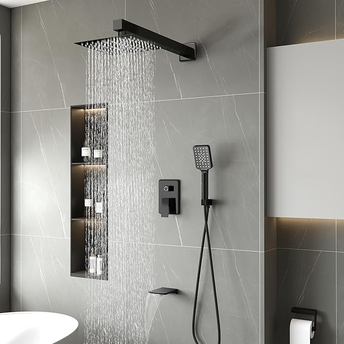 Shower Faucet Set Complete Matte Black Shower System with 12 inch Square Rainfall Shower Head 3-Function Handheld Shower Waterfall Bathtub Spout Rain Shower Combo Set Bathroom Wall Mounted