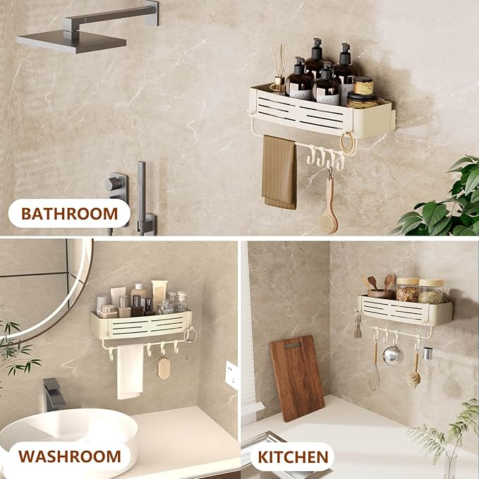 Onemake Aluminum Shower Caddy Suction Cup, No Drilling Bathroom Shower Shelf, Corner Shower Caddy with 6 Portable Hooks, Removable Bath Organizer with Towel Bar for Bathroom Storage(Cream White)