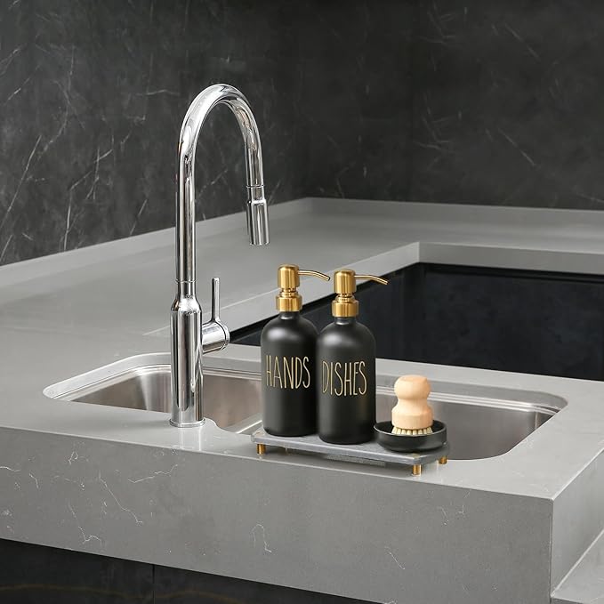 MOMEEMO Soap Dispenser Set Comes with Stainless Pumps, Instant Dry Tray, and Dish Scrub Brush, Suitable for Black and Gold Kitchen Decor. (Black & Gold)