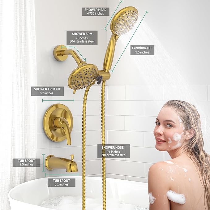 SR SUN RISE 5-Spray Dual Shower Head Cmbo Tub Faucet Set 3-Way Shower Head and Hand Held Shower Tub Faucets Sets Complete Single-Handle Tub and Shower Trim Kit, Brushed Gold (Valve Include）