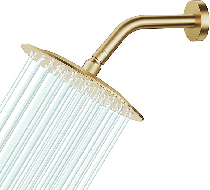 All Metal Rain Shower Head - Heavy Duty Stainless Steel, Easy Install, High Water Flow, Ultra-Thin Modern Design for Bathroom (F-Brushed Gold, 8)