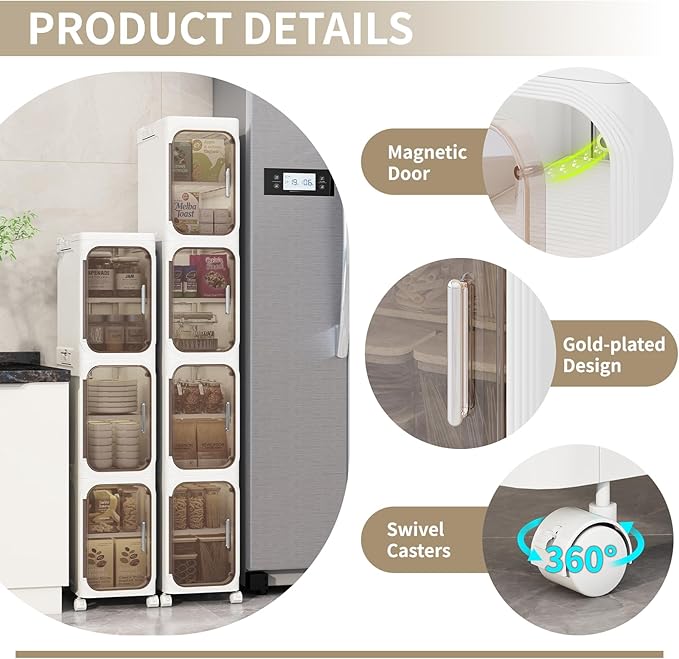 KHNR 4-Tiers Slim Bathroom Storage Cabinet, Foldable Storage Cabinets,Narrow Bathroom Storage,Movable Bathroom Storage Organizer for Small Spaces,Bathroom,Kitchen,Laundry,White