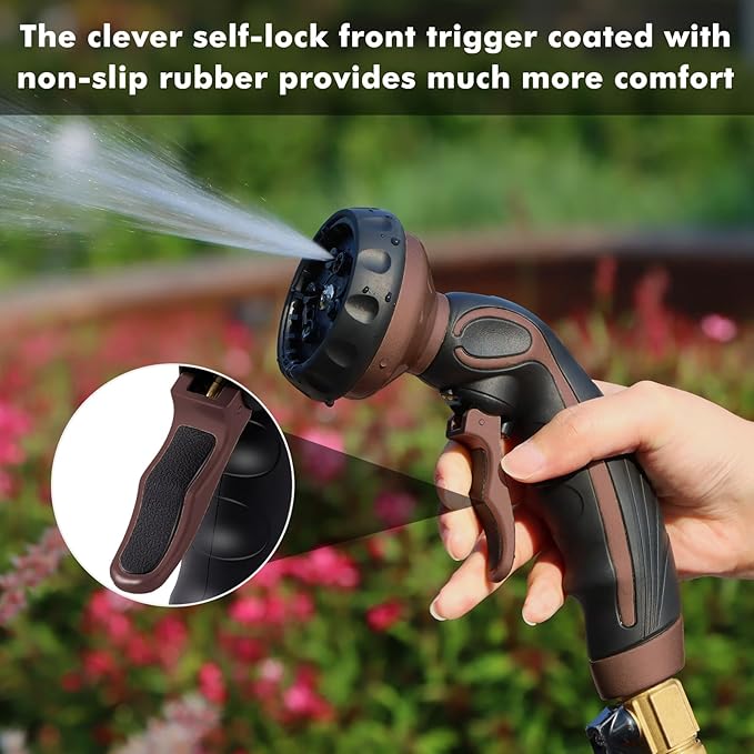 RESTMO Hose Nozzle with Easy Self-Lock Trigger, Heavy Duty Metal Water Hose Sprayer with 9 Spray Patterns and On/Off Valve, Ideal for Outdoor Lawn & Garden Watering, Car & Pet Washing, Brown