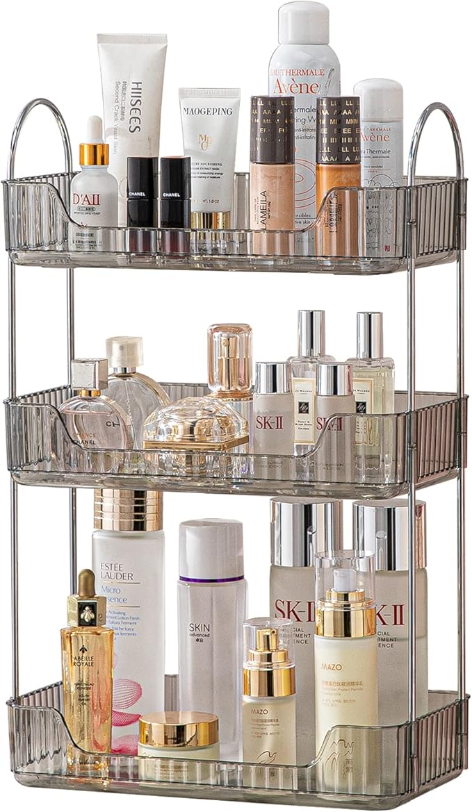 3-Tier Gray Countertop Storage - Bathroom & Kitchen Organizer, Cosmetics & Makeup Shelf, Spice Rack