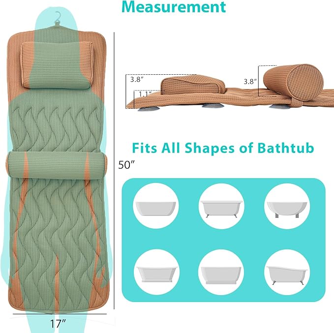 AEROiVi Full Body Bath Pillow with Adjustable Lumbar Roll Pillow Bathtub Cushion with 14 Suction Cups 3D Air Mesh Fit Any Tub Gray Bathroom Accessories Brown