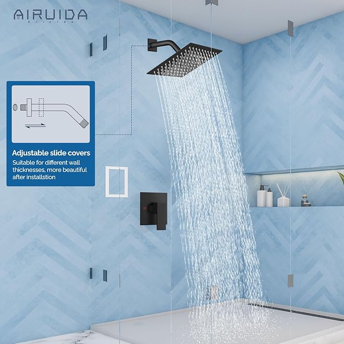 Airuida Shower Faucet Set Bathroom Rain Shower System SUS304 Stainless Steel Single Handle With Male Threads Rough-in Valve Shower Trim Kit 8 Inch Wall Mount Shower Head Matte Black