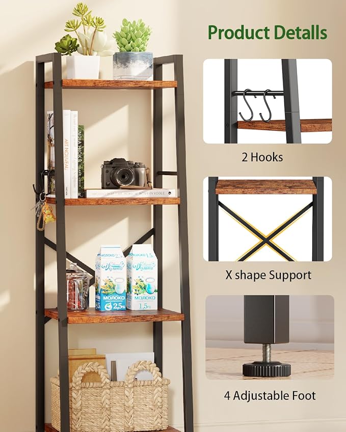 Furologee 4 Tier Ladder Bookshelf Narrow, Metal Wooden Ladder Shelf Bookcase with 2 Hooks, Small Rustic Brown Bookshelves Free Standing, Skinny Leaning Book Shelves for Bedroom Bathroom Living Room