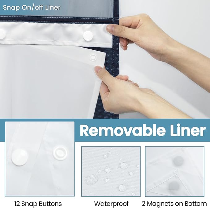 Navy Blue Long No Hook Shower Curtain with Snap in Liner,230GSM Waffle Weave Shower Curtains for Bathroom,71W x 86H