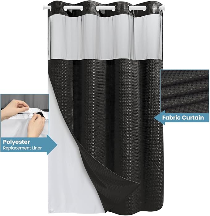 Black Stall Shower Curtain with Liner - 230GSM Waffle Textured Heavy Duty Shower Curtains for Bathroom,54W x 80H