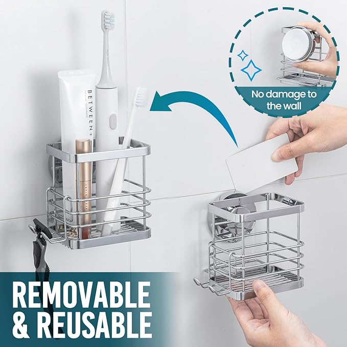 TAILI Patented Suction Cup Toothbrush Holder, Stainless Steel Anti-Puddling Shower Toothbrush Holder, No Drilling Removable Organizer for Bathroom Toothpaste, Razor, Kitchen and Office Items, Silver