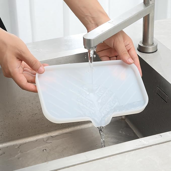 Silicone Bathroom Soap Dishes with Drain Spout-Bathroom and Kitchen Sink Organizer,Sponge Holder,Dish Soap Tray,Perfect for Dispenser,Scrubber,Bottle,Cup on Counter Translucent 9.6"×5.3"