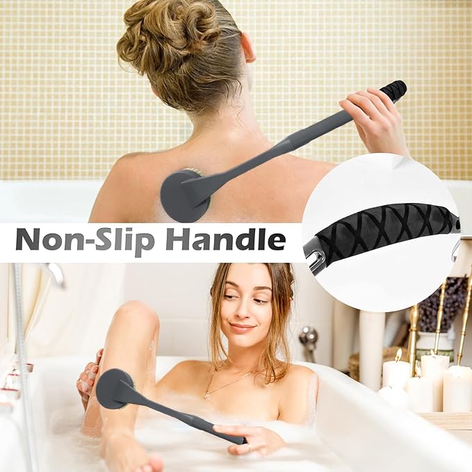 Back Brush Long Handle for Shower, 20.5” Bath Brush, Back Scrubber, Shower Body Brush with Curved Handle for Elderly Disabled, Limited Mobility, Frozen Shoulder,Men and Women
