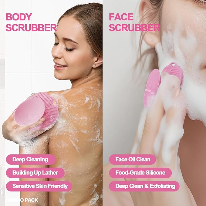 Soft Silicone Body Scrubber, Gentle Like a Hand Exfoliating Your Skin and Build Up Lather, Back Large Suction Cup Easy to Store, & Deep Clean (Body Scrubber + Face Scrubber Pink)