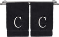 Monogrammed Hand Towel, Personalized Initial Gift, Extra Absorbent 100% Turkish Cotton - Soft Terry Finish - Set of 2 - White Block Initial C - Embroidered on Black Towels