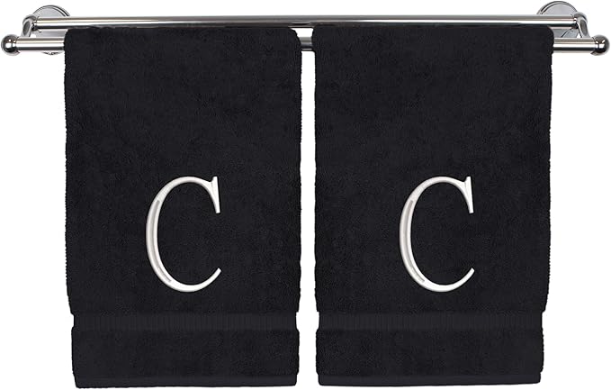 Monogrammed Hand Towel, Personalized Initial Gift, Extra Absorbent 100% Turkish Cotton - Soft Terry Finish - Set of 2 - White Block Initial C - Embroidered on Black Towels