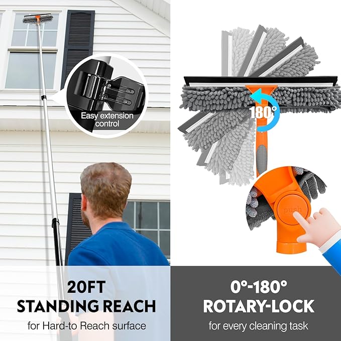 20 Ft High Reach Window Squeegee with 5-12Ft Extra-Thick Aluminum Telescopic Extension Pole| 14" Extra-Large 2-in-1 Window Cleaner Tool| Window Washer for Indoor/Outdoor Window,RV,Truck Glass
