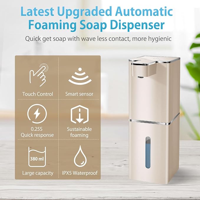 Automatic Soap Dispenser Touchless Foaming Soap Dispenser 300ml/12.8oz Rechargeable, Wall Mounted 4 Levels Adjustable Foam Soap Pump for Bathroom Kitchen Dish Soap