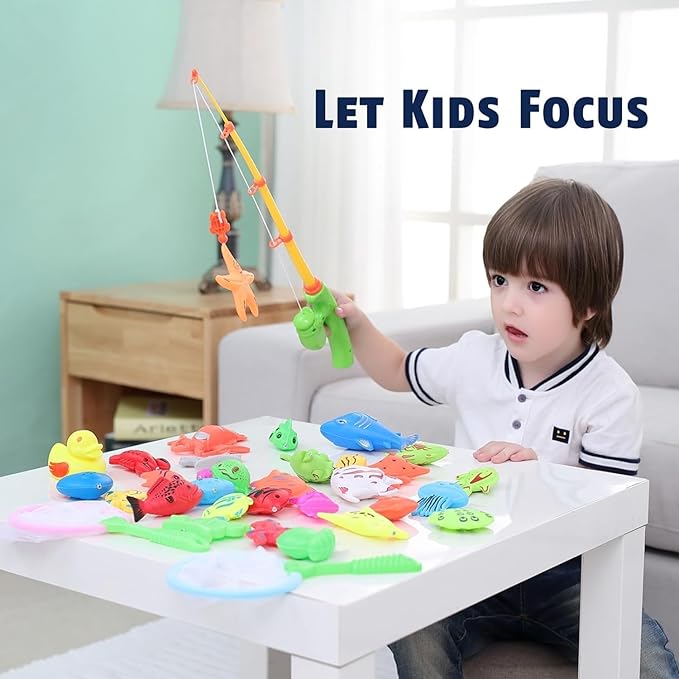 CozyBomB™ Magnetic Fishing Toys Game Set for Kids | Water Table Bathtub Kiddie Pool Party Pole Rod Net, Outdoor Plastic Floating Fish, Toddler Bath Color Ocean Sea Animals Birthday Gift Age 3-5 6 4-8