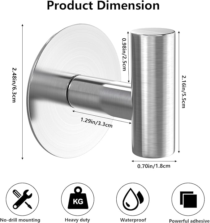 Heavy Duty Self-Adhesive Coat Hooks, Stainless Steel Towel Hooks for Bags, Towels, Robes, Hats, Aprons – No Drill Bathroom, Kitchen, Hotel Wall Hooks (2 Pack, Silver)