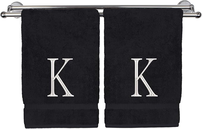 Monogrammed Hand Towel, Personalized Initial Gift, Extra Absorbent 100% Turkish Cotton - Soft Terry Finish - Set of 2 - White Block Initial K - Embroidered on Black Towels
