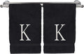 Monogrammed Hand Towel, Personalized Initial Gift, Extra Absorbent 100% Turkish Cotton - Soft Terry Finish - Set of 2 - White Block Initial K - Embroidered on Black Towels