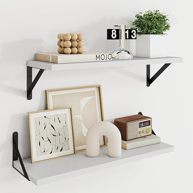 Dreamland Wall Shelves Long, 24W x 8D Wall Mounted Shelves Set of 2, Wide Display Ledge Shelf with Sturdy Metal Brackets for Living Room, Bathroom, Bedroom and Kitchen, White