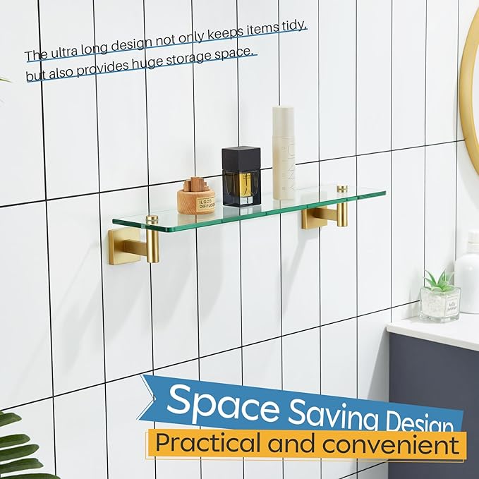 KOKOSIRI Wall Shelves Floating Shelf 20'' Gold Stainless Steel Bathroom Hardware Tempered Glass Hanging Rack Storage/Room Decor 2 Pack B1105BG-L20-P2
