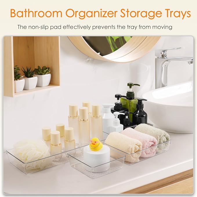 Criusia Drawer Organizer, 10 Pack Large Clear Plast Set, 3 Size Versatile Bathroom and Vanity Organizer Trays, Storage Bins for Makeup, Bedroom, Kitchen Utensils