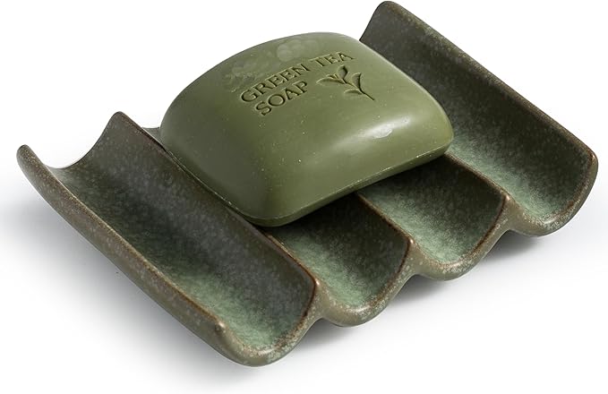 Draining Ceramic Soap Dish - Fluted Design, Bar Soap Holder for Shower & Bathroom, Soap Saver Sponge Lift, Green