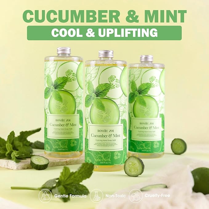 ROMIIE ZOI Foaming Hand Soap Refill Gift Set – 3 Pack (1000ML Each) with Dispenser – Cucumber & Mint Scent – Gentle & Moisturizing Plant-Based Formula – Bulk Refill Bottles for Bathroom & Kitchen Use