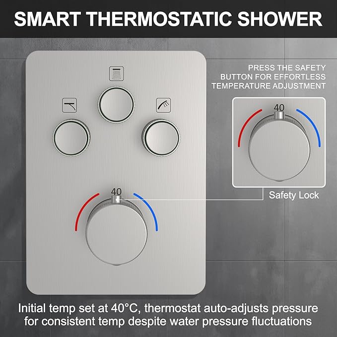 KOJOX Brushed Nickel Thermostatic Shower System, Push Button Diverter Shower Faucet Set with 12" Ceiling Mount Rain Shower, 6" Wall Mount Shower Head, and 4-in-1 Handheld Spray