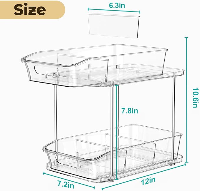 2 Tier Pull-Out Organizer for Bathroom Kitchen, Under Sink Storage with Dividers, Ideal for Cabinet, Cupboard Organization, Slide-Out Clear Storage, 1 Pack