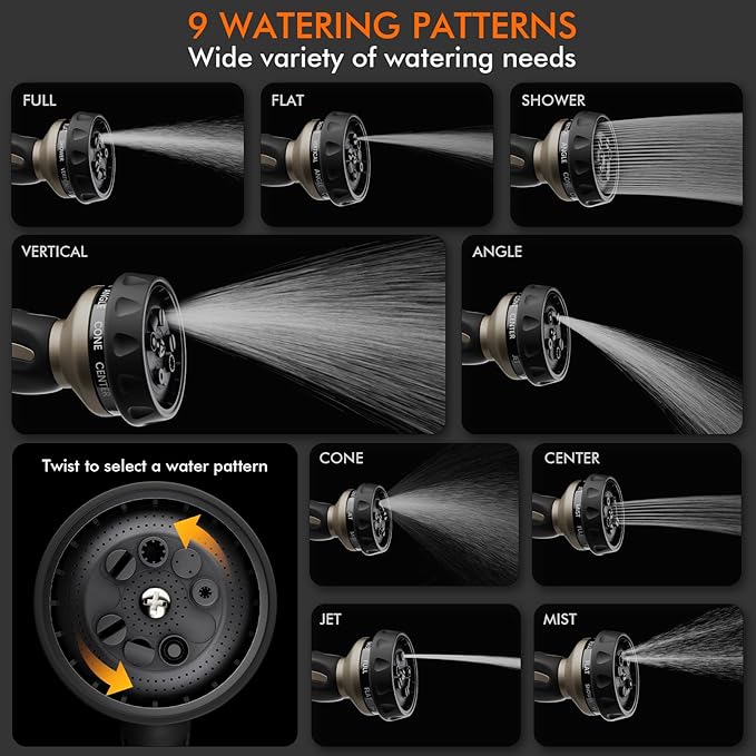 RESTMO Hose Nozzle Heavy Duty, Metal Water Hose Sprayer for Garden, 9 Spray Patterns | High Pressure | Thumb Flow Control | On/Off Valve, Ideal for Outdoor Lawn & Plant Watering, Car & Pet Washing