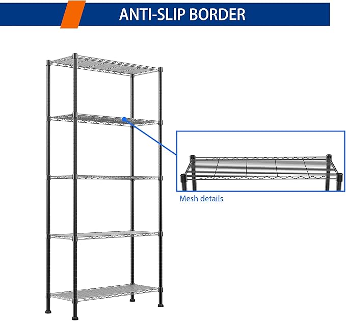 REGILLER 5-Wire Shelving Metal Storage Rack Adjustable Shelves,Standing Storage Shelf Units for Laundry Bathroom Kitchen Pantry Closet(Black,14.1" D x 30" W x 79" H)