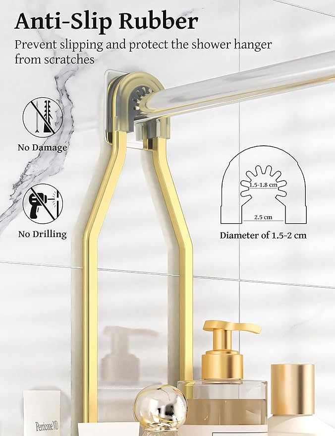 YASONIC Never Rust Shower Caddy Hanging Organizer - Aluminum Over-the-Showerhead Rack With 10 Hooks for Razor/Sponge and Soap Basket - Gold