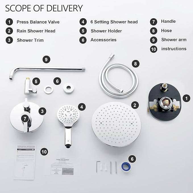 Polished Chrome Shower Faucet Set, Wall Mount Rain Shower System 10 Inches Shower Head with Handheld Set, Included Rough-in Valve and Trim Kit