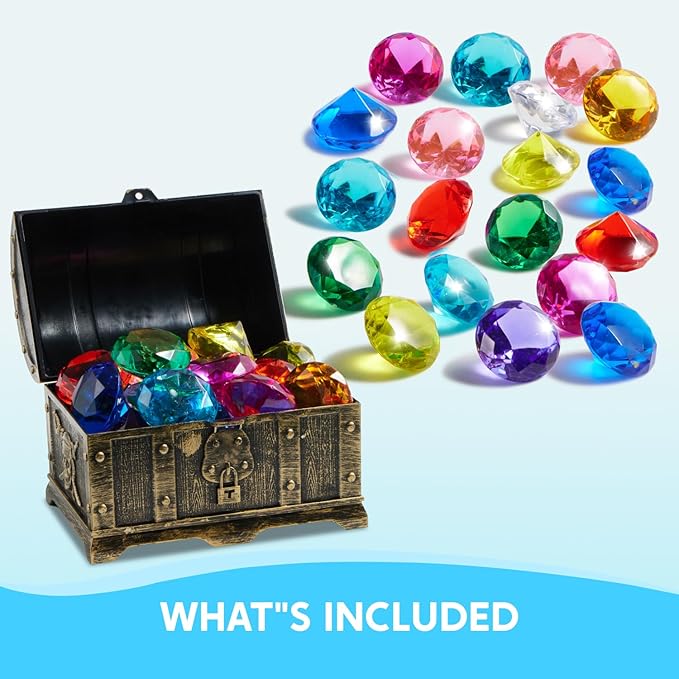 Sloosh Diving Gems Pool Toys, 16 Big Colorful Diamond with Pirate Treasure Chest,Swim Dive Toy for Kids Underwater Gemstone Swimming Training Gift Water Pool Games(Gold)
