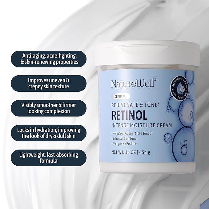 NATURE WELL Clinical Retinol Advanced Moisture Cream for Face, Body, & Hands, Boosts Skin Firmness, Enhances Skin Tone, No Greasy Residue, Packaging May Vary, 2 Pack (10 Oz Each)