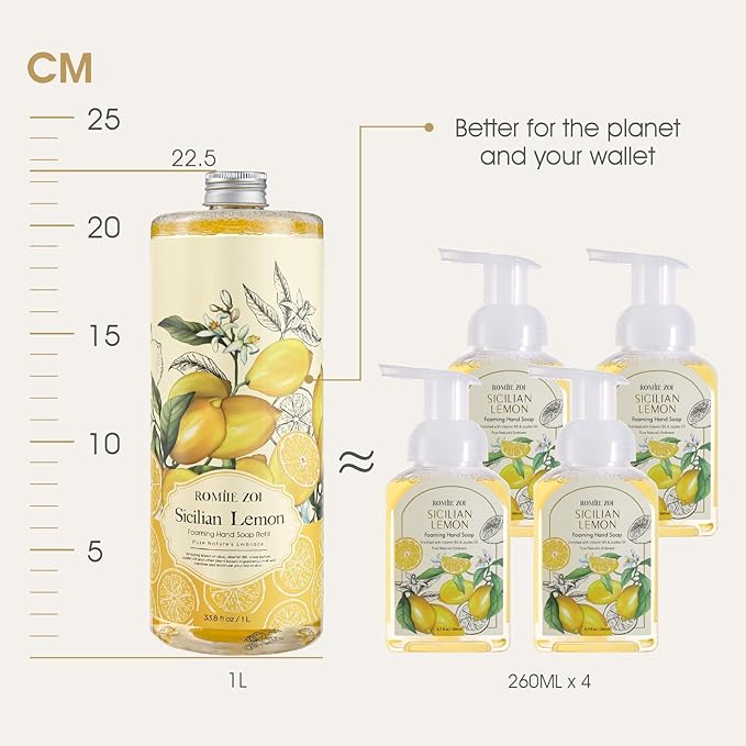 ROMIIE ZOI Hand Soap Refills Foaming 3pack (33.8 Fl Oz) + Reuseable Foam Soap Dispenser, Natural and Moisturizing Foaming Refills Kit, Lemon Hand Soap Refills