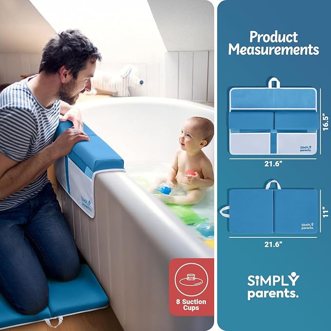 Simply Parents Comfortable Baby Bath Kneeler and Elbow Rest Pad Set - Quick-Dry Non-Slip Bath Kneeling Pad for Bathing Baby, Baby Bath Time Essentials for Newborn, Baby Bath Accessories for Tub, Blue