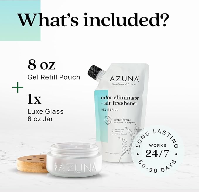 Azuna Air Freshener & Odor Eliminator for Strong Odor | 1 Room Kit Includes (1) Empty Luxe Glass Jar & 8oz Refill with Tea Tree Essential Oil Gel | Amalfi Breeze | Last 60-90 Days
