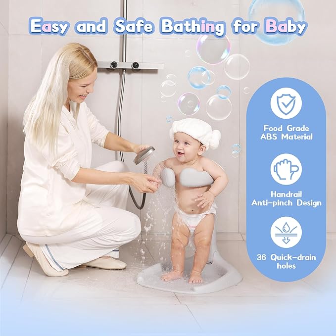 Baby Shower Stand, No-Assembly Baby Bath Stand with Enlarged Anti-Slip Base, Foldable Adjustable Toddler Shower Standing Support, Soporte para Bañera de Bebe, Ideal Gift for Infant 6–36 Months (Grey)