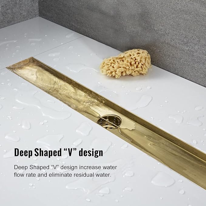 Linear Shower Drain, 36 inch Gold Drain with Tile Insert 2-in-1 Panel, Brushed 304 Stainless Steel Gold Shower Floor Drain, Linear Drain with Hair Strainer and Adjustable Feet