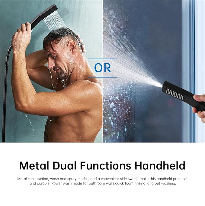 G-Promise All Metal 10 Inches Rain Shower Head with Handheld Built-in Power Wash Mode, 3-way Diverter with Pause Setting, 11 Inches Adjustable Extension Arm with Lock Joint, Long Hose (Matte Black)